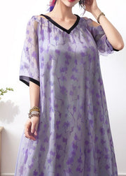 Style Purple V Neck Print Loose Silk Dress Summer