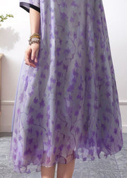 Style Purple V Neck Print Loose Silk Dress Summer