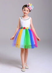 Style Rainbow O Neck Floral Patchwork Tulle Kids Girls Dresses Sleeveless