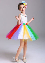 Style Rainbow O Neck Floral Patchwork Tulle Kids Girls Dresses Sleeveless