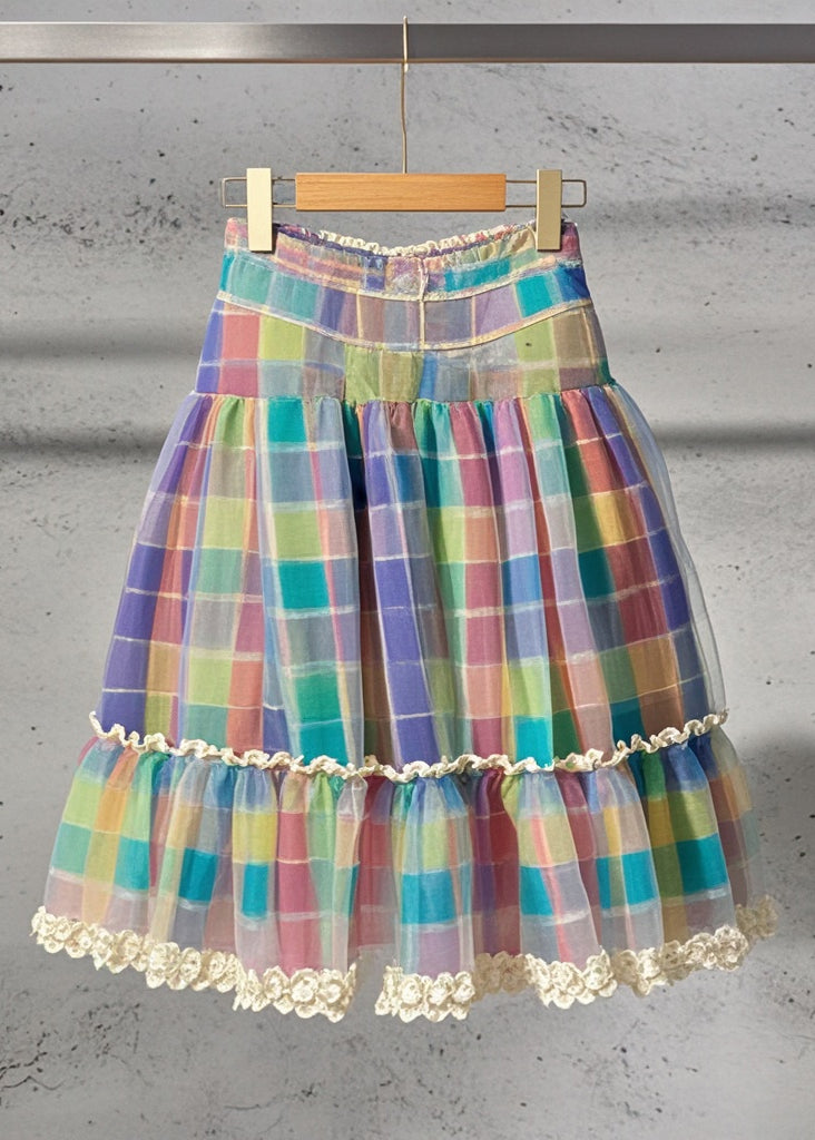 Style Rainbow Plaid Patchwork Lace Tulle Skirts Summer