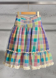 Style Rainbow Plaid Patchwork Lace Tulle Skirts Summer