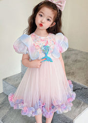 Style Rainbow Ruffled Patchwork Tulle Kids Girls Dress Summer