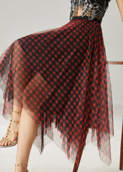 Style Red Asymmetrical Plaid Tulle Skirt Summer