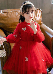 Style Red Butterfly Embroideried Knit Patchwork Tulle Kids Long Dresses Long Sleeve