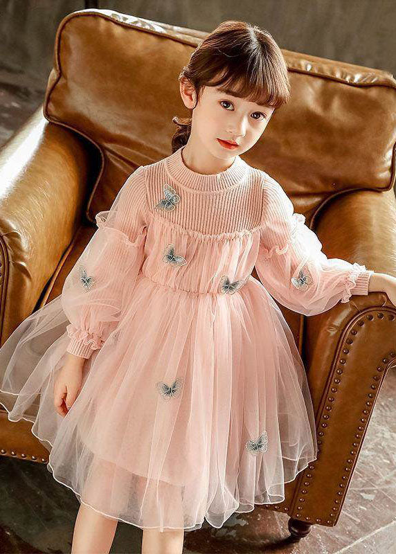 Style Red Butterfly Embroideried Knit Patchwork Tulle Kids Long Dresses Long Sleeve