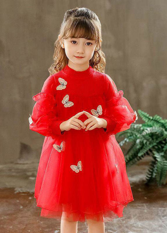 Style Red Butterfly Embroideried Knit Patchwork Tulle Kids Long Dresses Long Sleeve