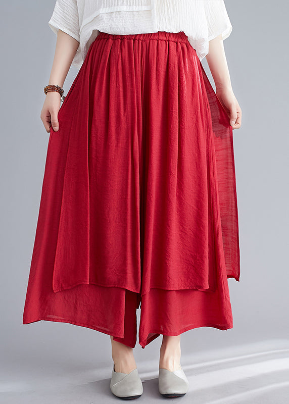 Style Red Elastic Waist Draping Linen Wide Leg Pants Summer