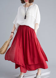 Style Red Elastic Waist Draping Linen Wide Leg Pants Summer