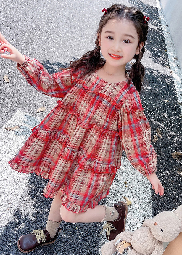 Style Red O-Neck Plaid Patchwork Girls Maxi Dress Long Sleeve