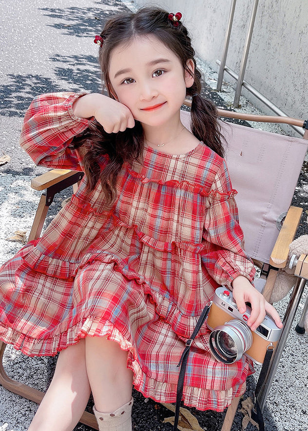 Style Red O-Neck Plaid Patchwork Girls Maxi Dress Long Sleeve