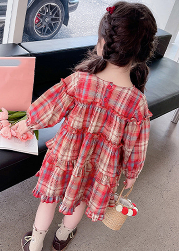 Style Red O-Neck Plaid Patchwork Girls Maxi Dress Long Sleeve