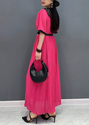 Style Red O-Neck Wrinkled Long Dress Short Sleeve