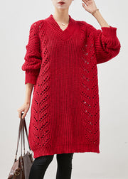 Style Red Oversized Hollow Out Knit Sweater Dress Winter