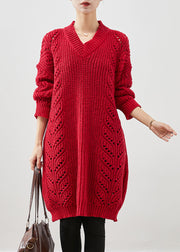 Style Red Oversized Hollow Out Knit Sweater Dress Winter