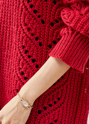 Style Red Oversized Hollow Out Knit Sweater Dress Winter