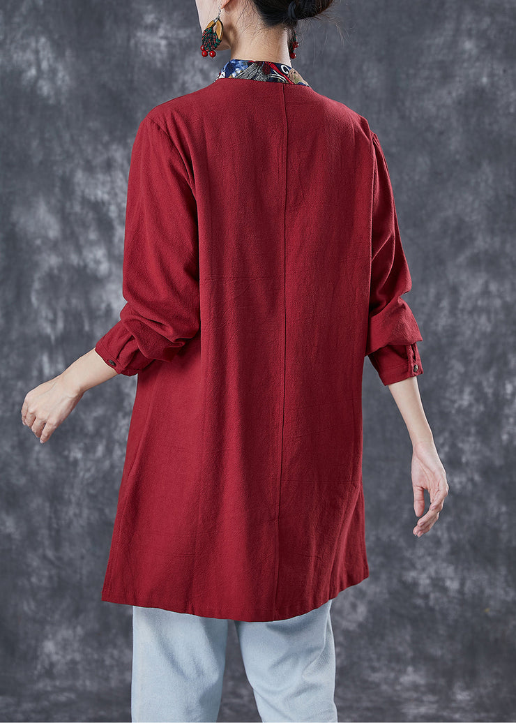 Style Red Oversized Patchwork Chinese Button Cotton Shirt Fall