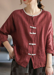 Style Red Patchwork Chinese Button Linen Cardigans Bracelet Sleeve