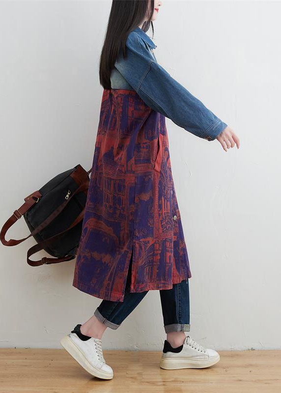 Style Red Peter Pan Collar Patchwork Print Denim Outwear Spring