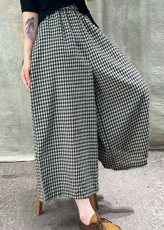 Style Red Plaid Pockets Elastic Waist Cotton Wide Leg Pants Summer