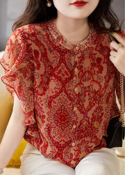 Style Red Ruffled Print Patchwork Chiffon Shirts Top Summer