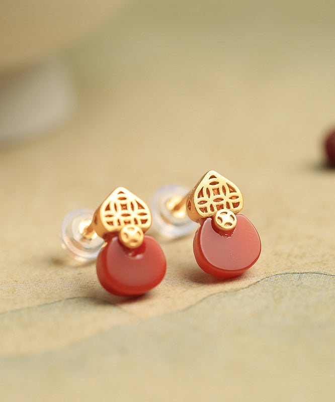 Style Red Sterling Silver Overgild Agate Stud Earrings