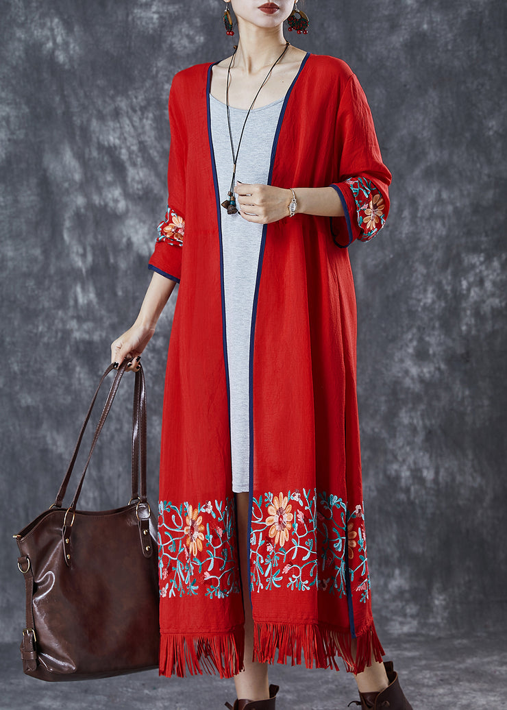 Style Red Tasseled Embroidered Cotton Long Cardigan Fall