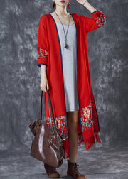 Style Red Tasseled Embroidered Cotton Long Cardigan Fall