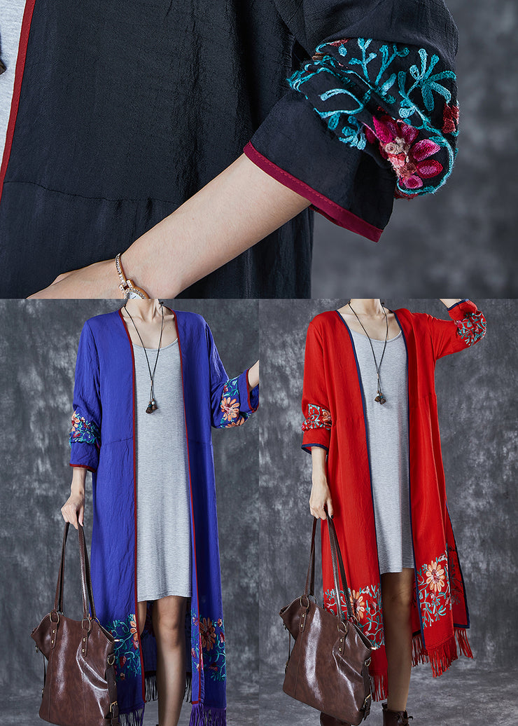 Style Red Tasseled Embroidered Cotton Long Cardigan Fall