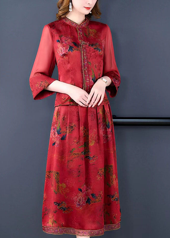 Style Red Tasseled Wrinkled Embroideried Silk Two Piece Set Clothing Summer