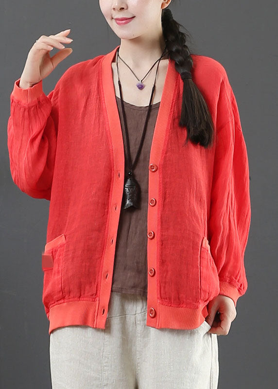 Style Red V Neck Pockets Linen Coats Spring