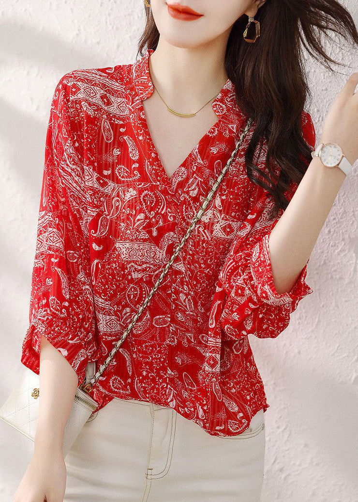 Style Red V Neck Print Patchwork Chiffon Blouses Summer