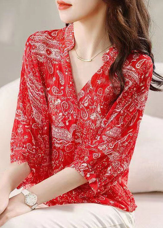 Style Red V Neck Print Patchwork Chiffon Blouses Summer