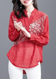 Style Red V Neck Print Patchwork Chiffon Shirts Spring