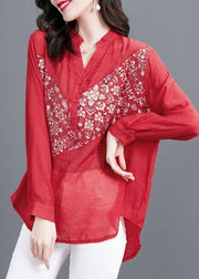 Style Red V Neck Print Patchwork Chiffon Shirts Spring