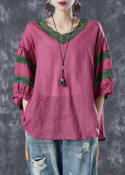 Style Rose Oversized Patchwork Linen Blouses Half Sleeve