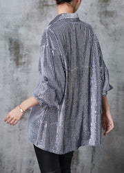 Style Silvery Deep V-neck Sequins Shirt Top Spring