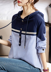 Style Striped Hooded Patchwork Cotton Shirt Long Sleeve