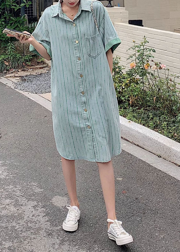 Style Striped Peter Pan Collar Patchwork Denim Shirts Dress Fall