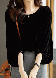 Style Versatile  Black O Neck Velour Blouse Top Lantern Sleeve