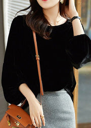 Style Versatile  Black O Neck Velour Blouse Top Lantern Sleeve