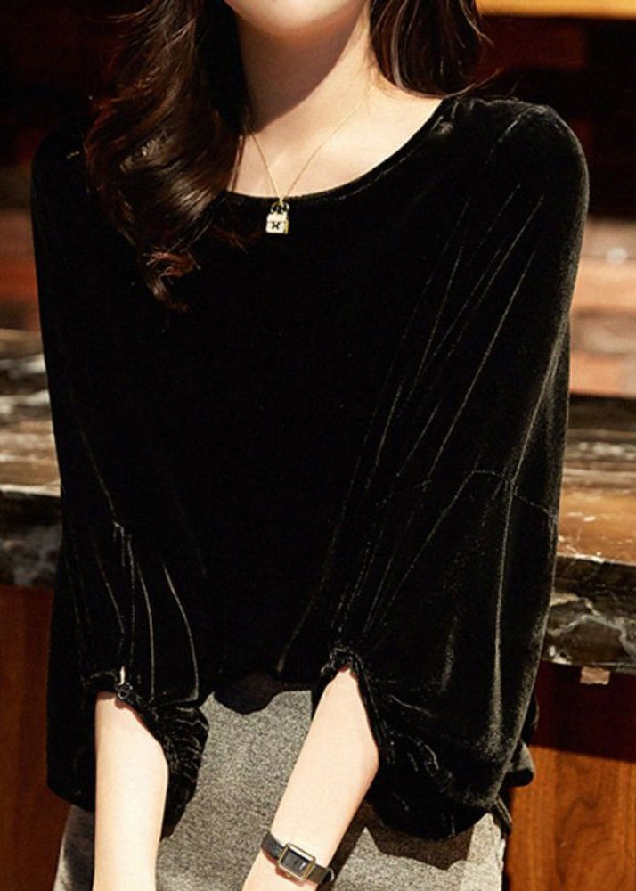 Style Versatile  Black O Neck Velour Blouse Top Lantern Sleeve