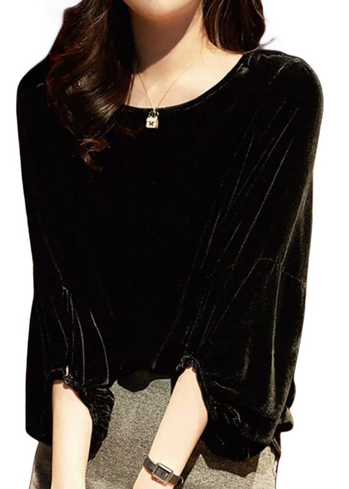 Style Versatile  Black O Neck Velour Blouse Top Lantern Sleeve