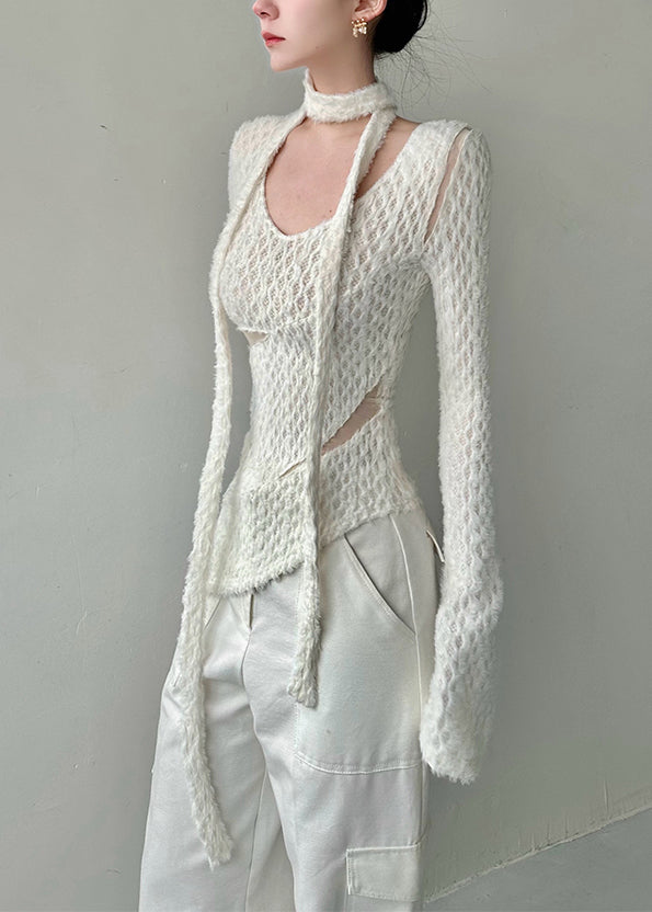 Style White Asymmetrical Hollow Out Knit Shirt Top Fall