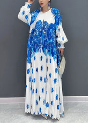 Style White Blue O Neck Print Wrinkled Long Dresses Petal Sleeve