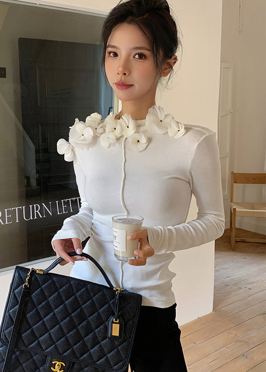 Style White Floral Slim Fit Cotton T Shirt Top Fall