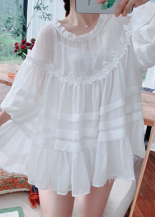 Style White Lace Ruffled Patchwork Cotton Blouses Lantern Sleeve