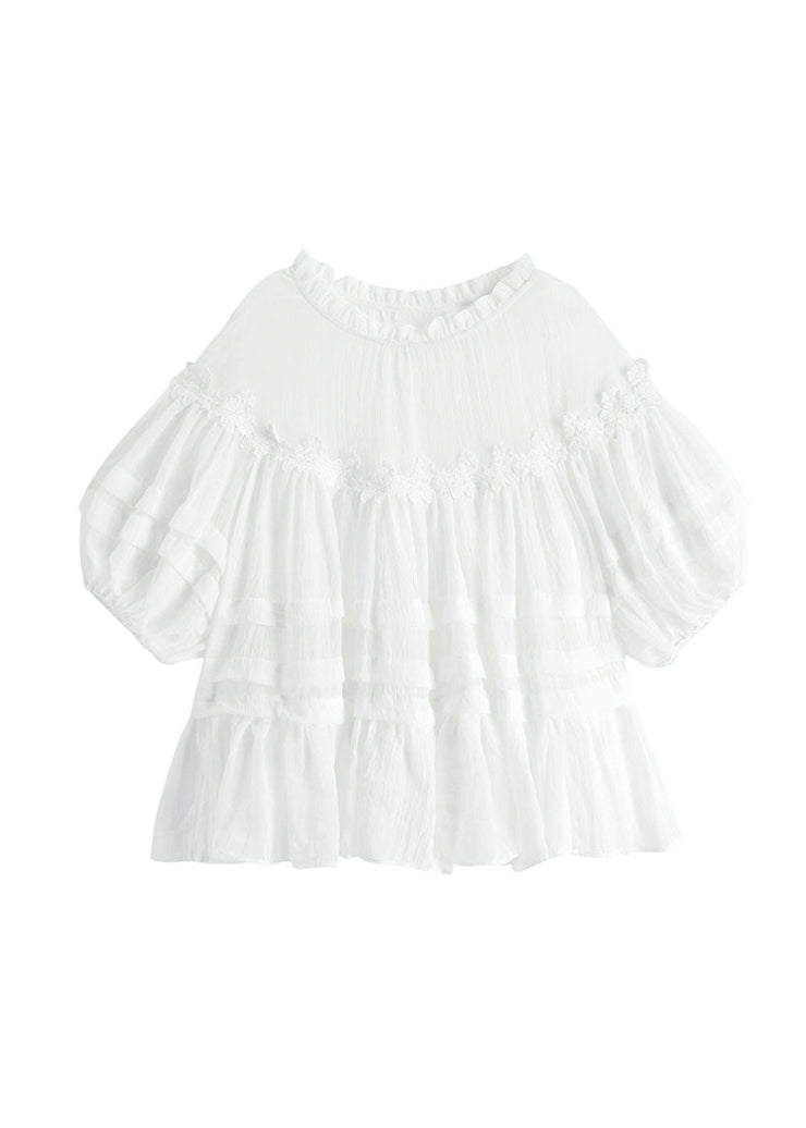 Style White Lace Ruffled Patchwork Cotton Blouses Lantern Sleeve