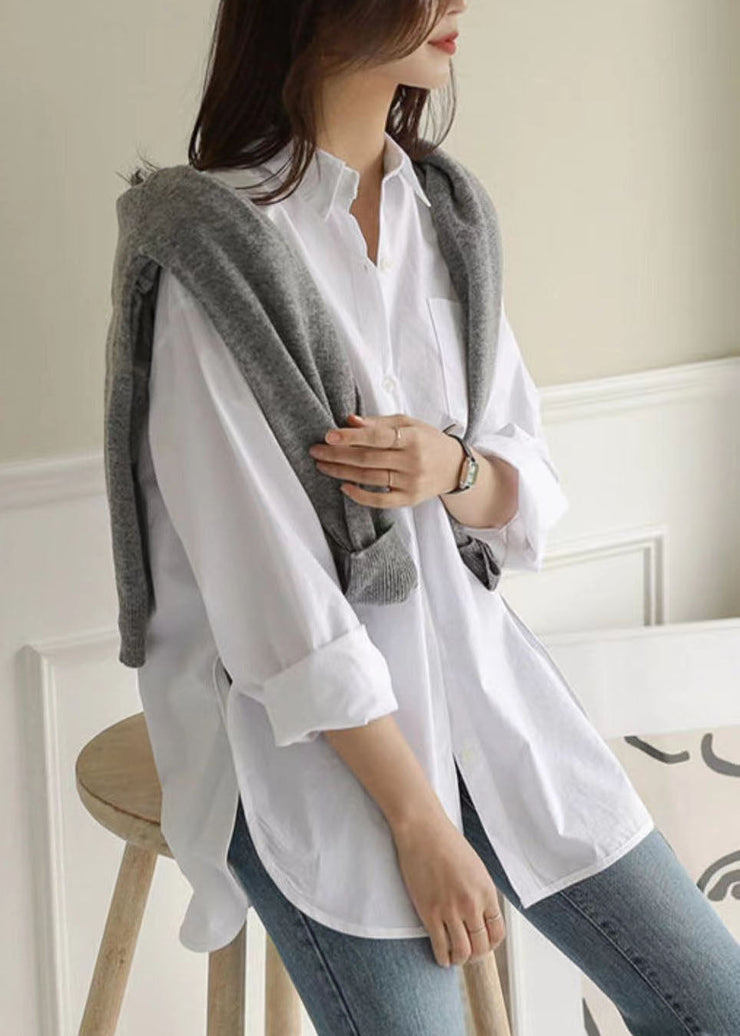 Style White Peter Pan Collar Side Open Cotton Shirt Tops Spring