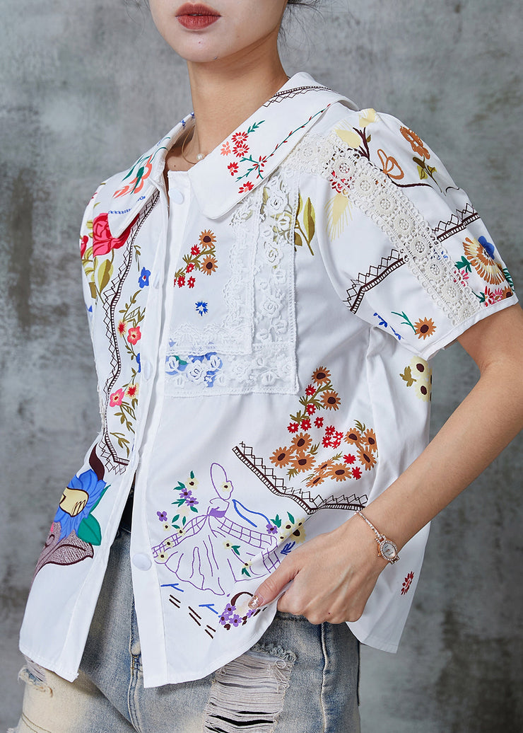 Style White Print Patchwork Lace Shirt Top Summer